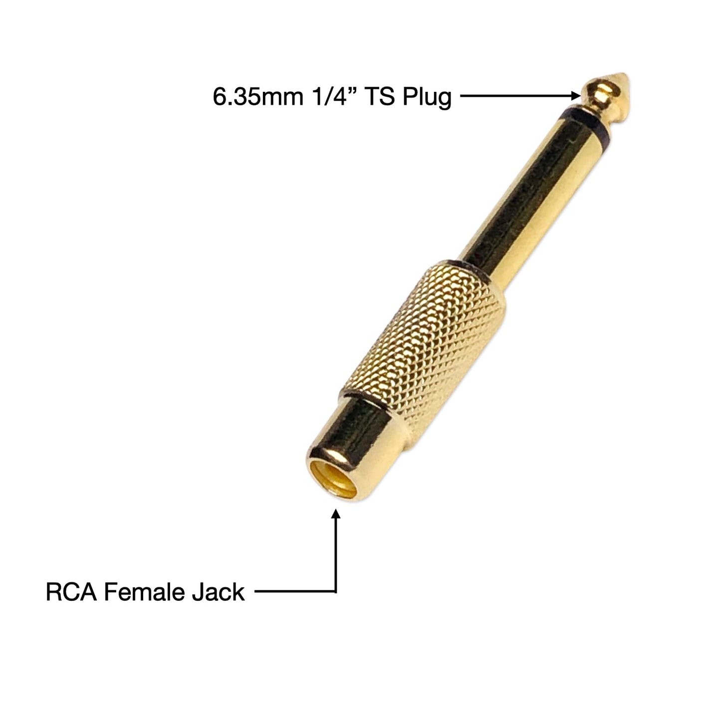 6.35mm 1/4" TS Plug to RCA Female Jack Adapter Connector - 6.35mm Mono Male to RCA Female, Gold-Plated, 10 Pack