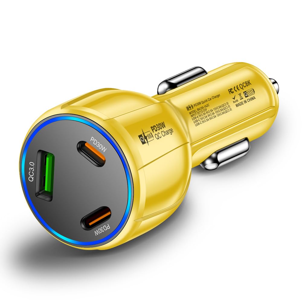 3-Port 90W USB C Car Charger, PD30W & QC3.0 Fast Car Charger Cigarette Lighter Plug Adapter for iPhone/Android/Samsung/iPad (Yellow)