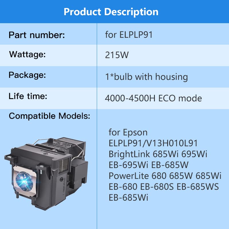 LBTbate Suitable for ELPLP91/V13H010L91 Replacement Projector Bulb for EPSON PowerLite Home Cinema 695Wi 680 685W 685Wi BrightLink 685Wi 695Wi EB-680