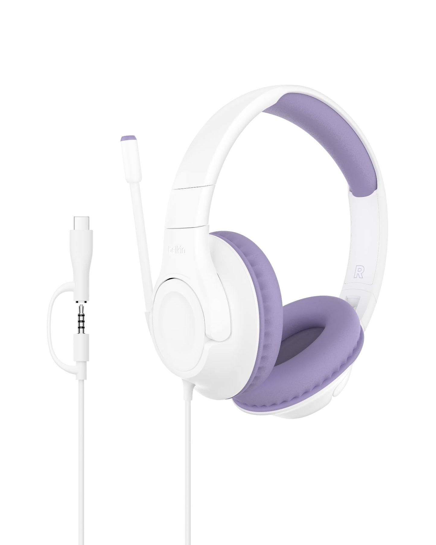 Belkin SoundForm Inspire Wired Over-Ear Headset for Kids, Online Learning & Travel w/Built-in Boom Mic, 85dB Safe Volume Limit - USB-C & 3.5mm