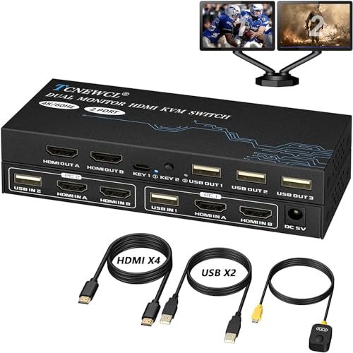 TCNEWCL KVM Switch 2 Monitors 2 Computers, 4K@60Hz Dual Monitor KVM Switch for 2 PC Share 2 Monitor 3 USB 2.0 Hub, Support Extended/Copy Mode with 4