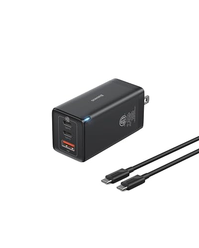 USB C Charger, Baseus 65W USB C Wall Charger, 3 Ports Foldable GaN Charger, Fast Charger Block for iPhone 15/14/13/Pro Max/SE/XR/XS, Galaxy S22+/S22