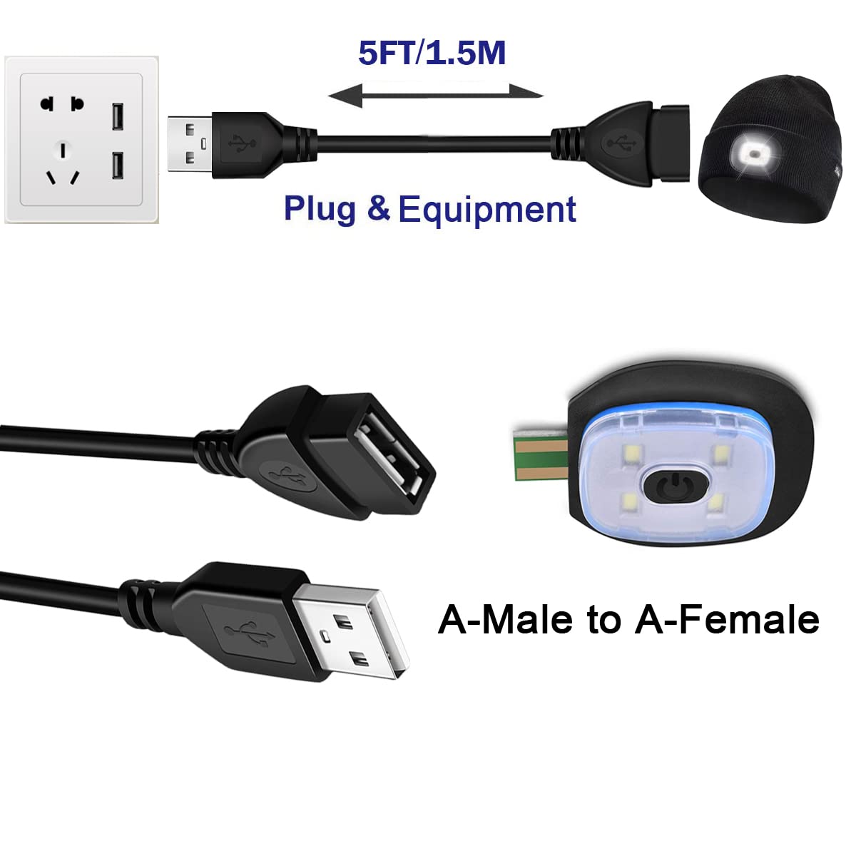 5FT Charger Adapter Cable for Etsfmoa LED Beanie Hat with Light, PRAVETTE, Tutuko, YunTuo, Bosttor, GAFres, TAGVO, Attikee, A-Male to A-Female