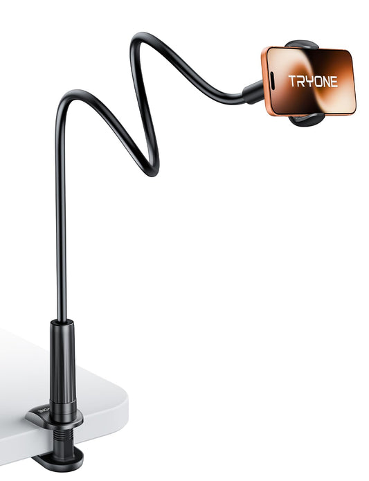 Tryone Gooseneck Phone Holder Hands-Free for Phone Viewing Or Recording, Adjustable Stable Metal Cell Stand Mount for Desk Table Bed, Soporte para
