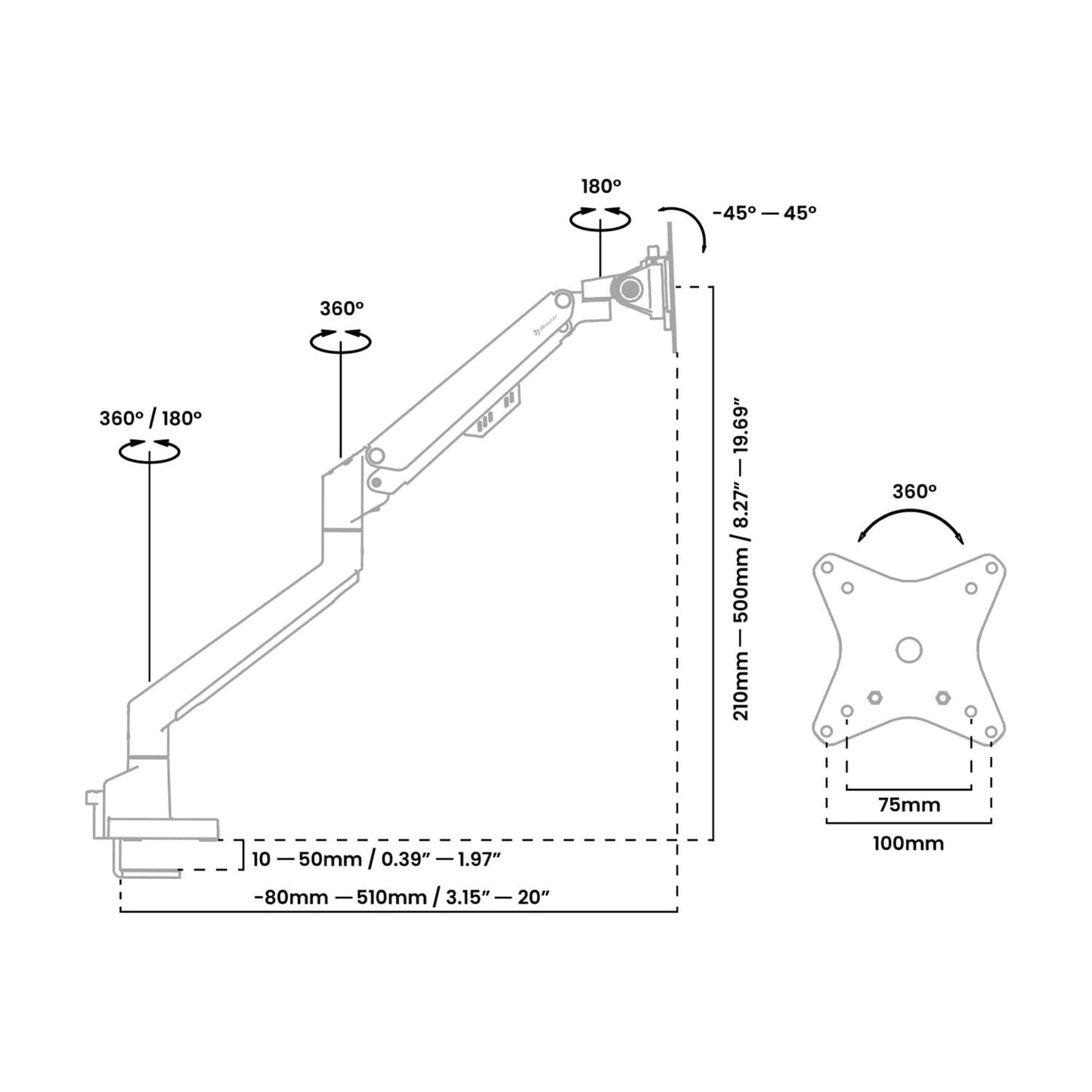 Arozzi Alzare Neo Single Gas Spring Monitor Arm - Full Motion, Height Adjustable 8.3":19.7", VESA 75/100, Cable Management - C-Clamp & Grommet Mount