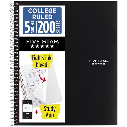 Five Star Spiral Notebook + Study App, 5 Subject, College Ruled Paper, 8-1/2" x 11", 200 Sheets, Fights Ink Bleed, Water Resistant Cover, Black