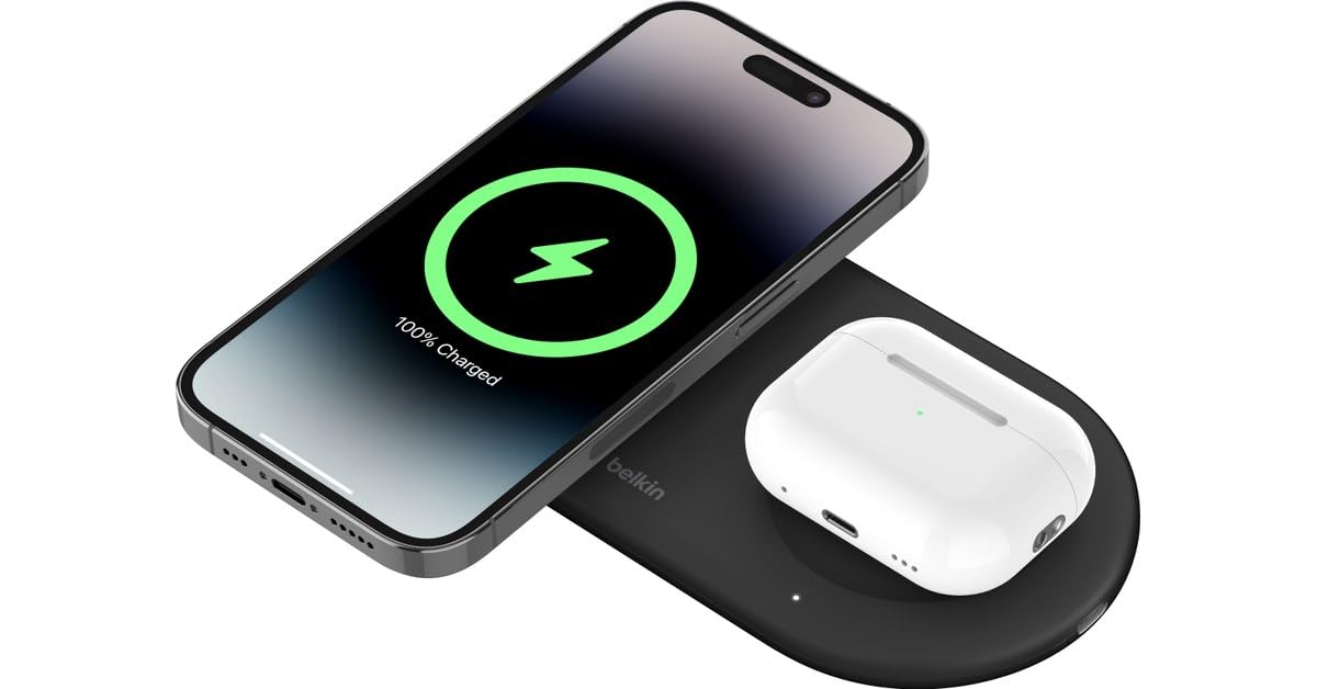 Belkin BoostCharge Pro 2 in 1 Wireless Charger with Magnetic Qi2 15W Wireless Fast Charging iPhone Compatible with iPhone 16 15 14 13 12 AirPods