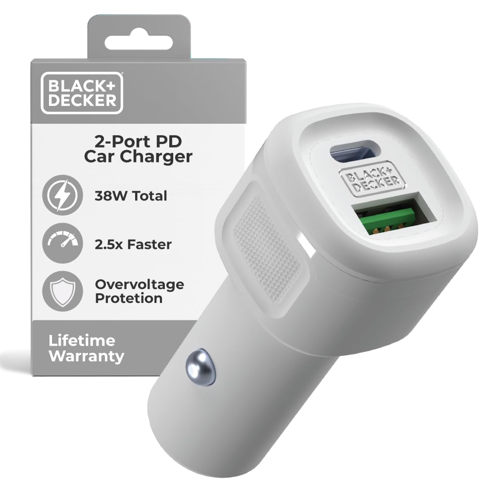 BLACK+DECKER USB C Car Charger, Compact 38W 2-Port, LED Indicator Type C Charger with Power Delivery/Quick Charge, Compatible with iPhone 17 16 15 14