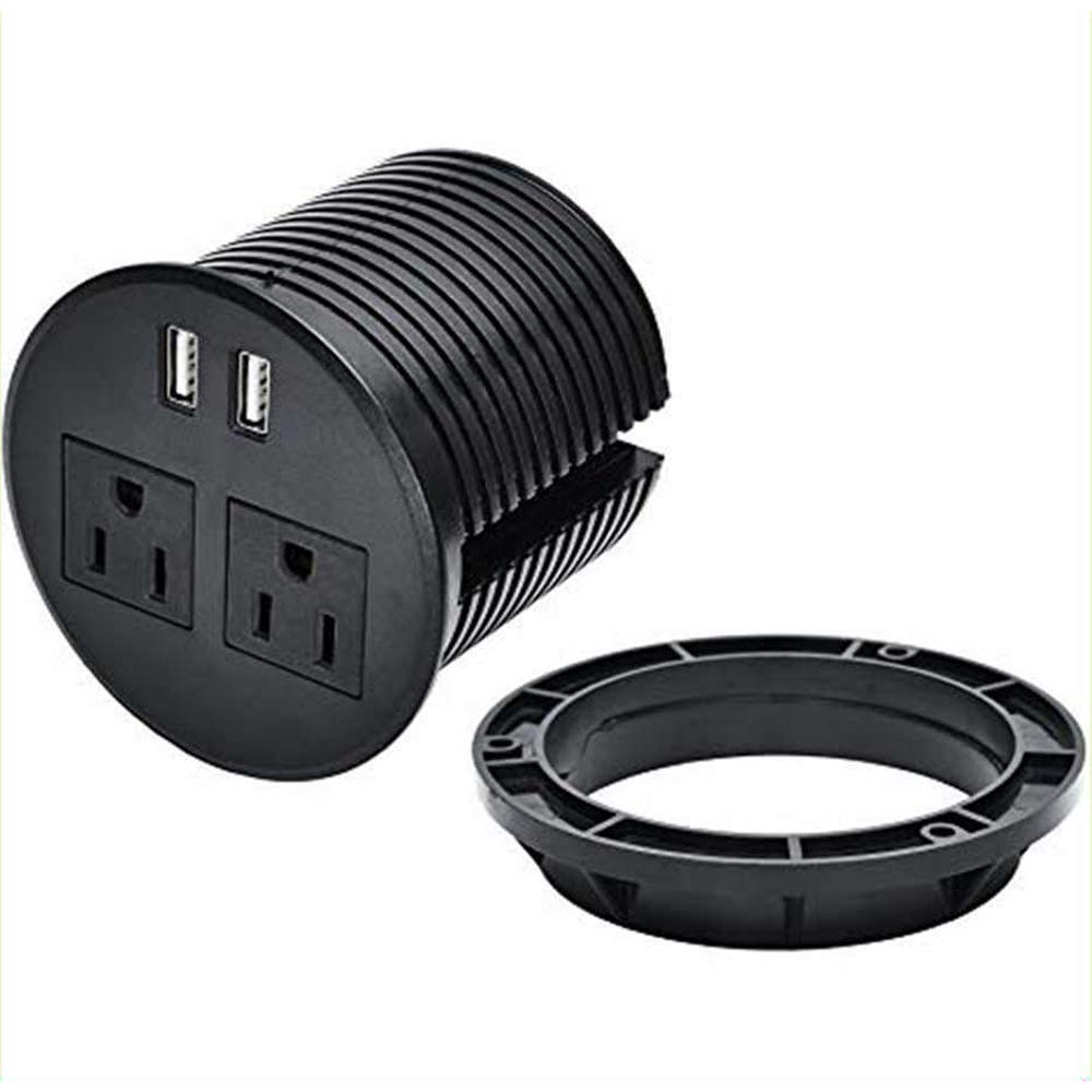 ApexDesk Desktop Power Grommet with Two Power Sockets, Two Quick USB Charging Ports, 6ft Power Cord and Lock Ring (Black)