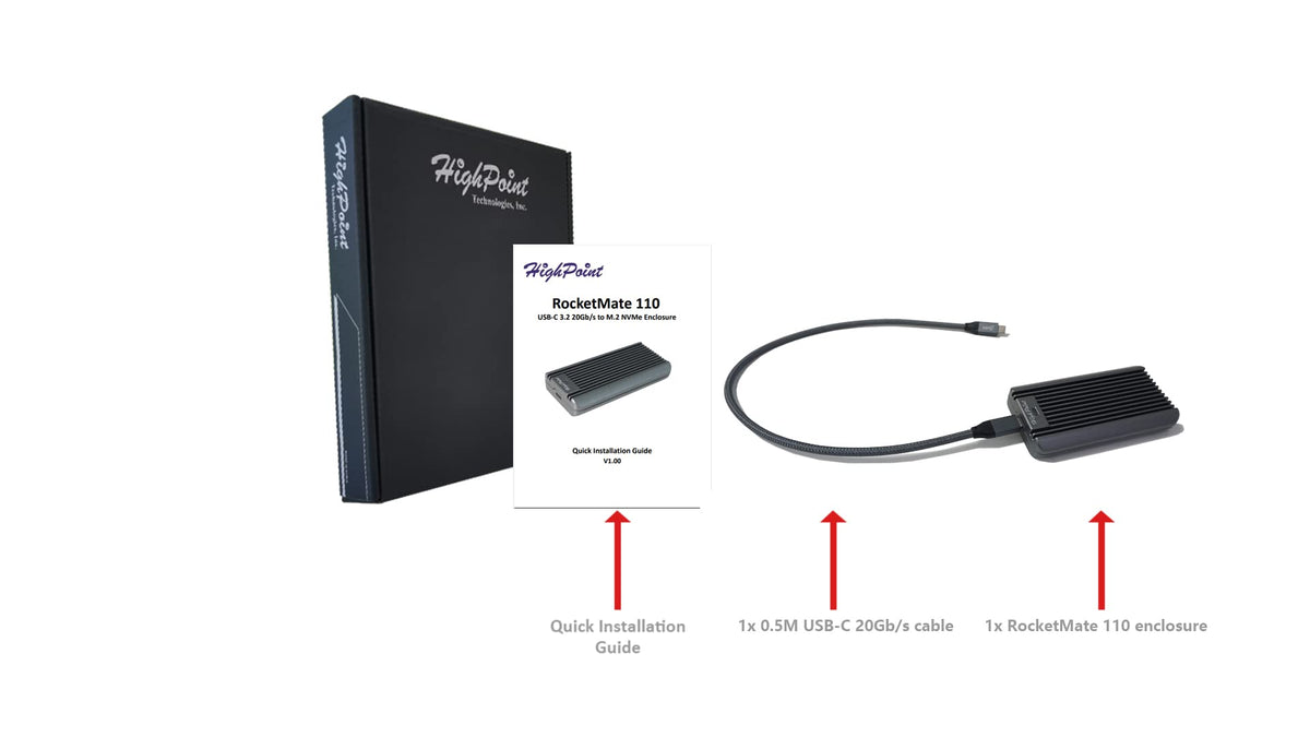HighPoint Technologies RocketMate 110 USB 3.2 20G to PCIe Gen3 x4 M.2 (2242/2260/2280) NVMe Enclosure