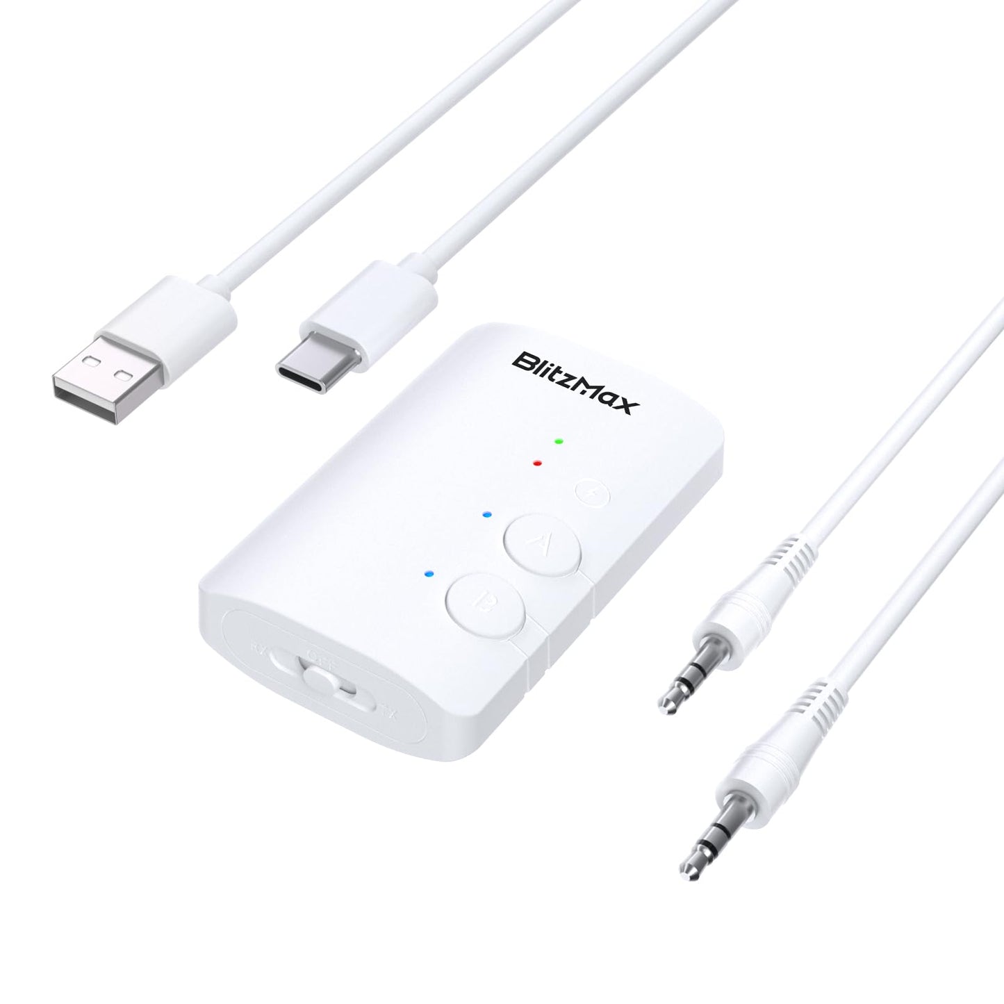 BlitzMax Bluetooth 5.3 Adapter Transmitter/Receiver 2-in-1 Mini Wireless with 3.5mm Audio Cable, Dual Link AptX Adaptive Bluetooth Adapter
