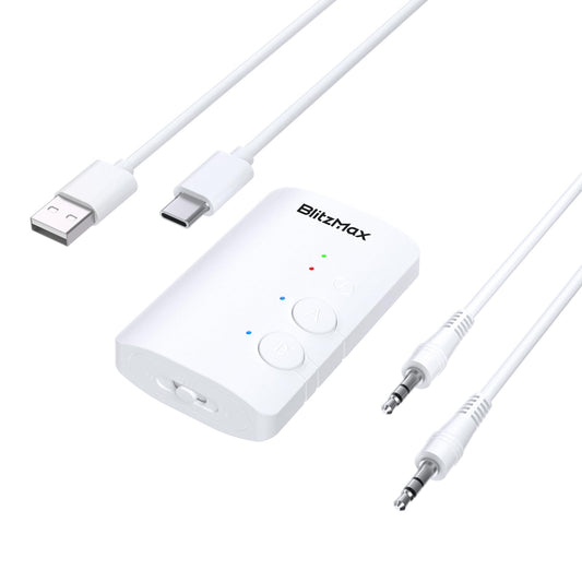 BlitzMax Bluetooth 5.3 Adapter Transmitter/Receiver 2-in-1 Mini Wireless with 3.5mm Audio Cable, Dual Link AptX Adaptive Bluetooth Adapter