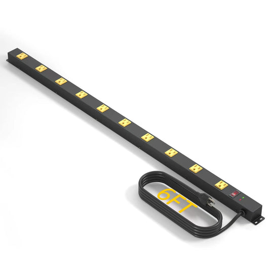 10 Outlet Long Power Strip Surge Protector, Heavy Duty Industrial Metal Power Strip 6 Feet, Wall Mountable, for Work Bench, Shop, Garage, Black (1000