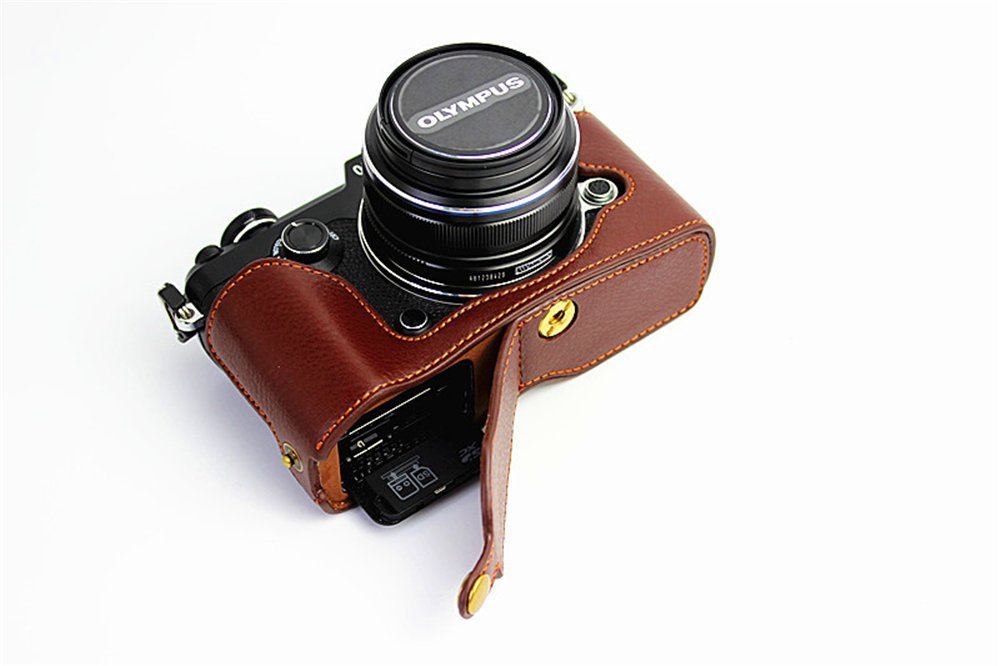 PEN-F Case, BolinUS Handmade Genuine Real Leather Half Camera Case Bag Cover for Olympus PEN-F Bottom Opening Version + Hand Strap - Coffee