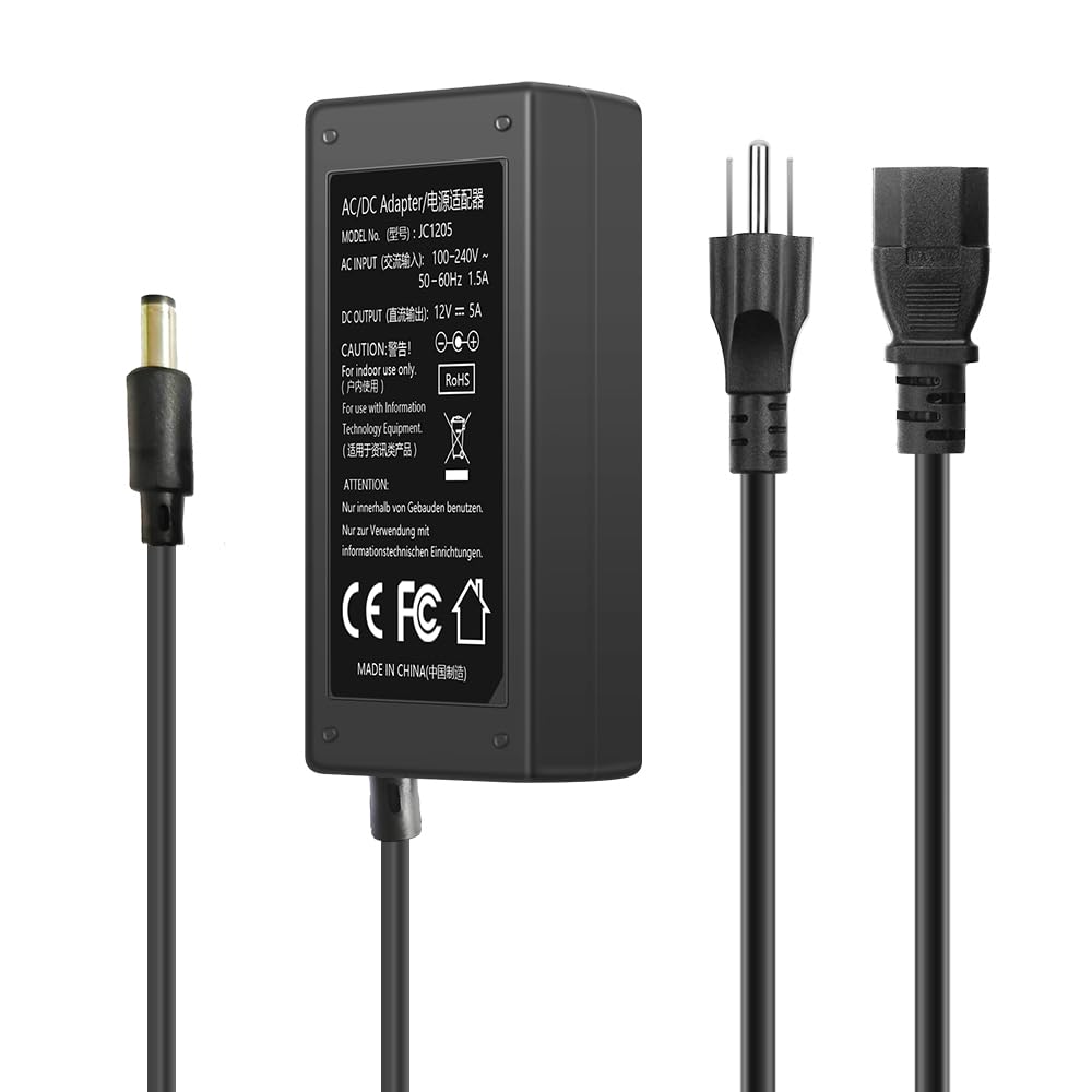 12V 5A Power Supply Adapter 60W AC Adapter 100-240V 50-60Hz to DC 12 Volt 5 Amp Cord with 【5.5mm x 2.5mm Barrel Plug】, 12VDC AC/DC Switching…