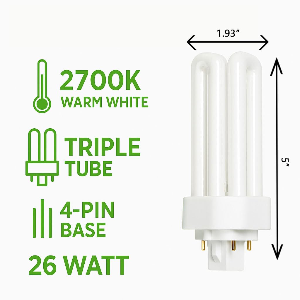 Industrial Performance 26W, Triple Tube-GX24Q-3, 4 Pin Base -Warm White-CFL Light Bulb- Replaces Sylvania 20879 CF26DT/E/IN/827,Philips 458240 PL-T