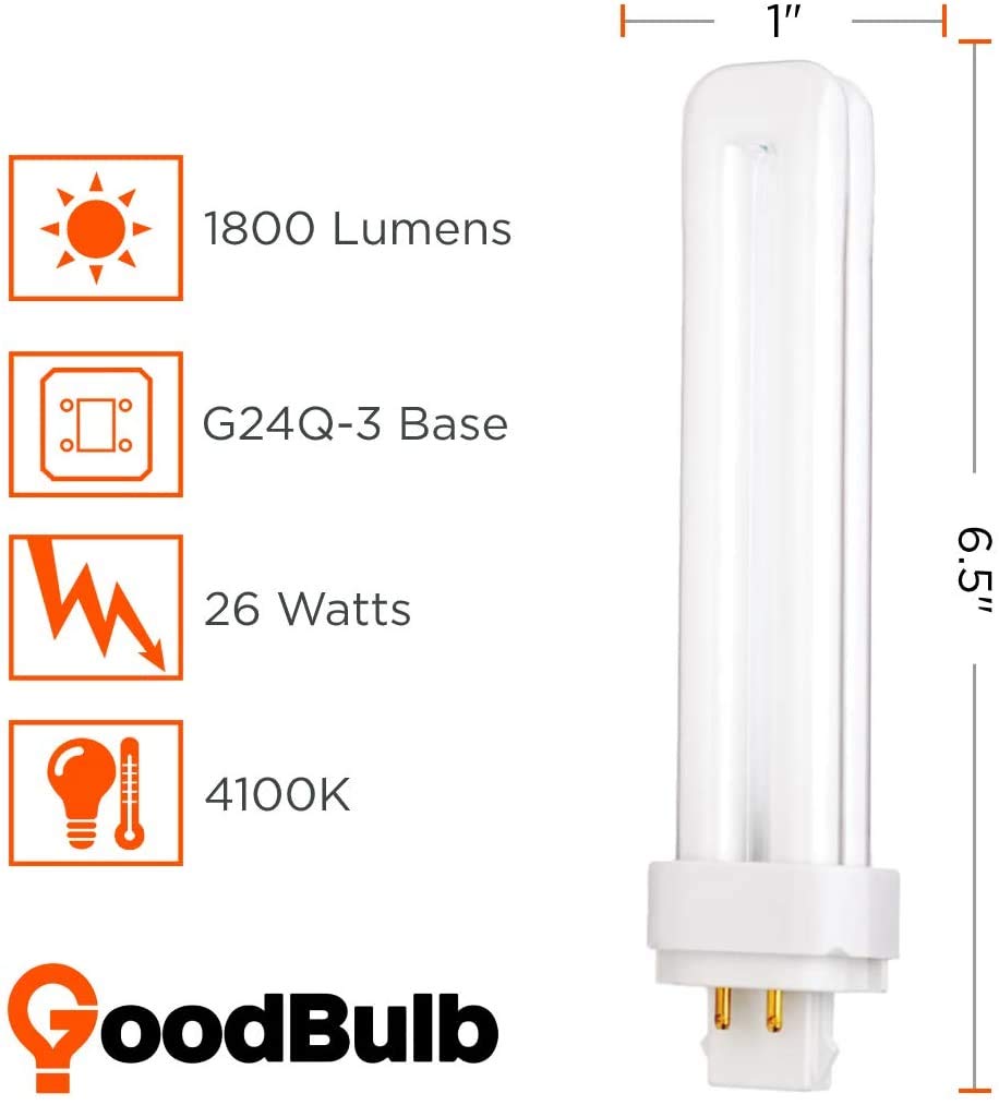 GoodBulb 26 Watt CFL Light Bulbs 4 Pin G24Q-3 Base 4100K Cool White 26W High Output 1800 Lumens Double Tube Compact Fluorescent Light Bulbs Plug-in