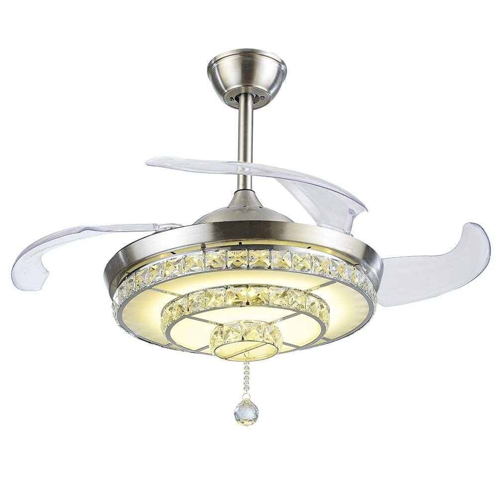 MoreChange 42" Crystal Ceiling Fans with Lights Retractable Blades Remote Control Modern Luxury LED Chandelier Fan 3 Speeds 3 Color Changes Lighting