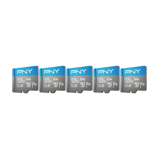 PNY 128GB Elite™ Mobile Accessories Class 10 U1 V10, A1 microSDXC Flash Memory Card for Mobile Devices - 100MB/s, Full HD, UHS-I, Micro SD 5-Pack