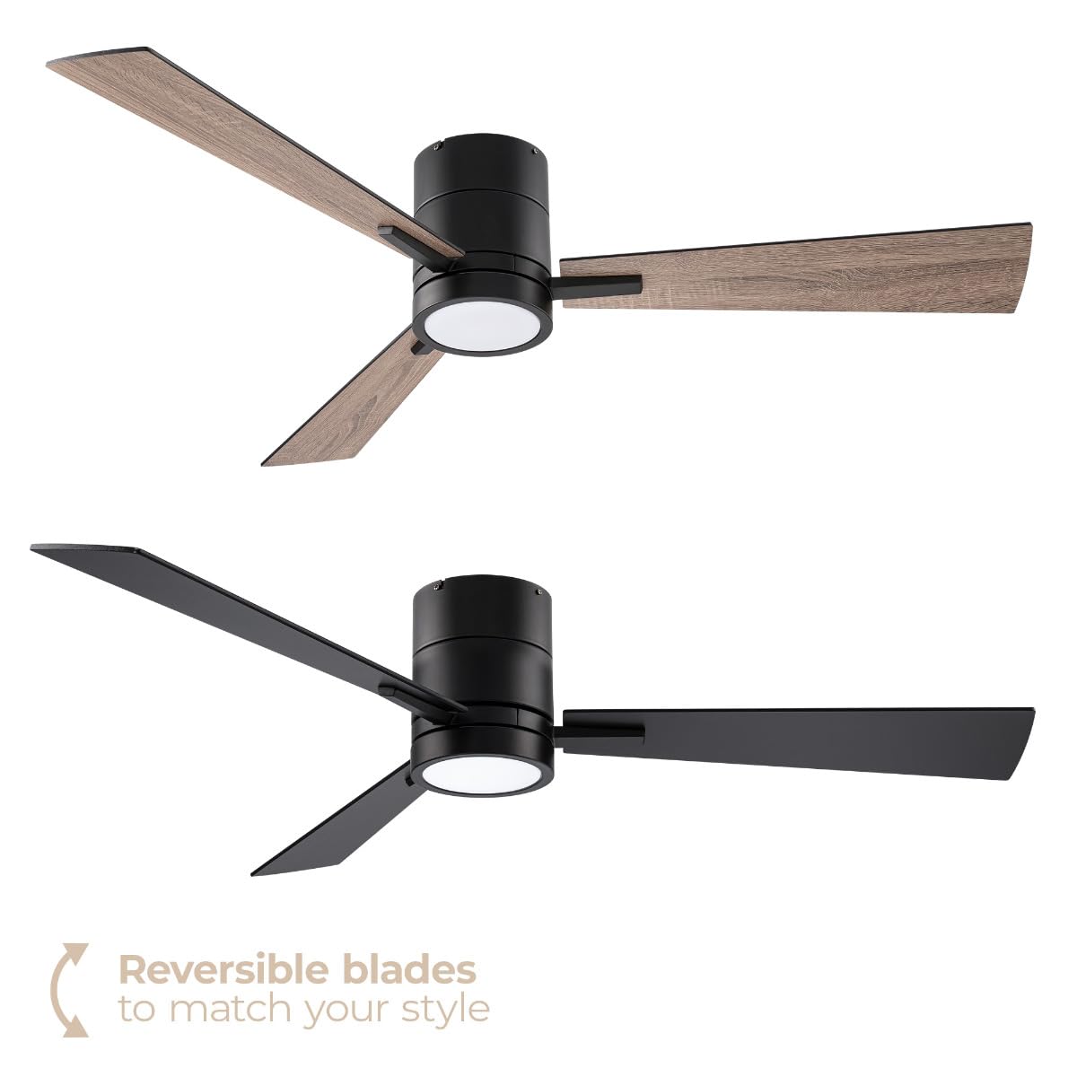 Bali 52in 3-Blade Smart Indoor or Outdoor Flush Mount Ceiling Fan 2700K-6000K CCT Tunable Range LED Light Kit in Matte Black with Reversible Black