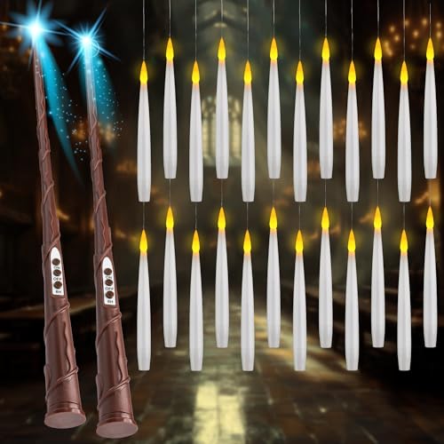 WYZworks 24pk Magical Floating LED Candle with 2 Wand Remote (6/18H Timer), 6.1" Hanging Flameless Flickering Taper Candles Battery Operated