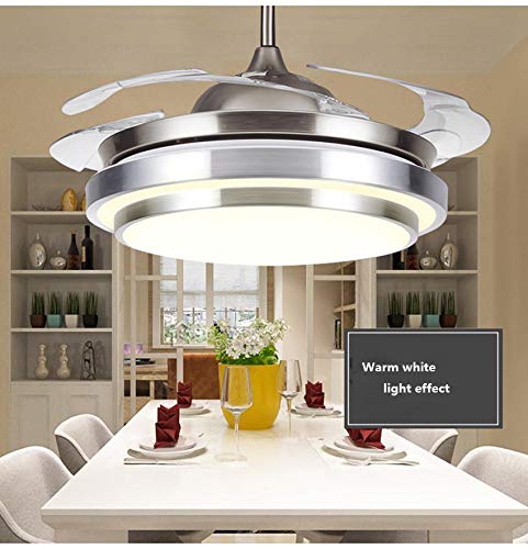 WUPYI 42 Inch Fan Ceiling Light,Invisible Ceiling Fan with Light and Remote Control,LED Three-Color Lights Retractable Blades Chandelier Fan