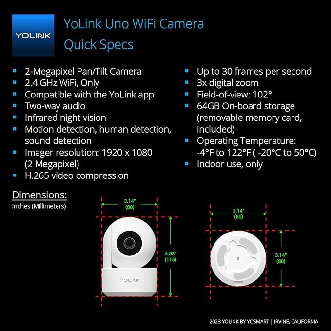 YoLink Uno 2.4G WiF Wireless Home Security Camera Indoor, for Baby and Pet Monitor, 1080p Dog Camera with Phone App, Night Vision B/W, 2-Way Audio
