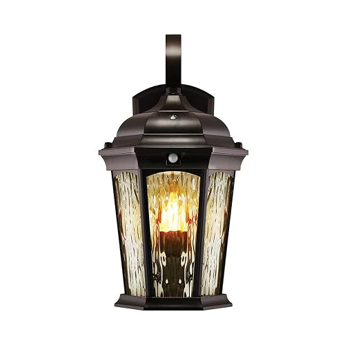 Euri Lighting EFL-130W-MD Flickering Flame Porch Light, Water Glass, with Integrated Security Light (3000K), Motion-Sensor, Dusk-to-Dawn, Oil Rubbed