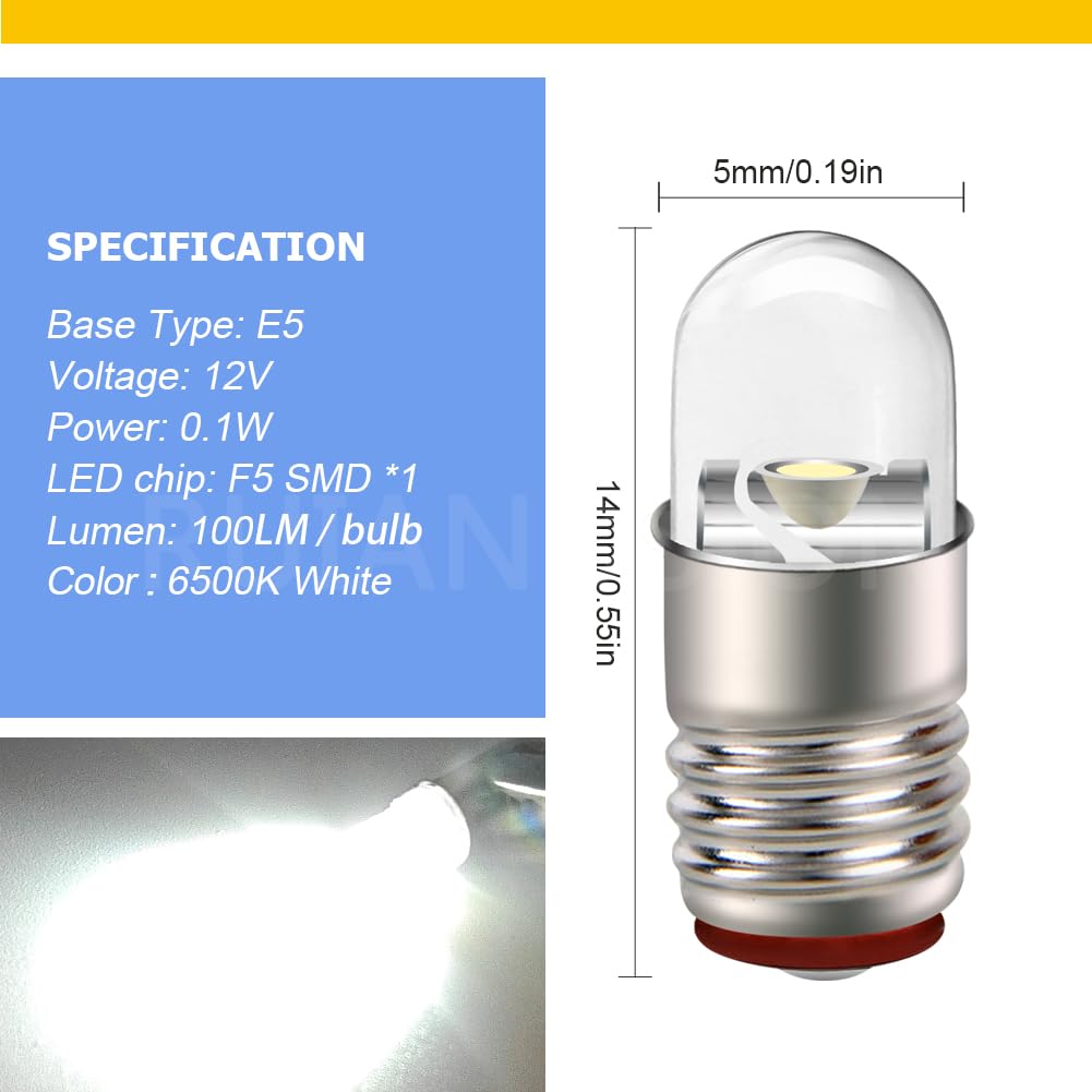 Ruiandsion E5 LED Bulb White 12V E5 E5.5 Screw Base LED Bulb Upgrade for Modle Train Lights(Pack of 4)