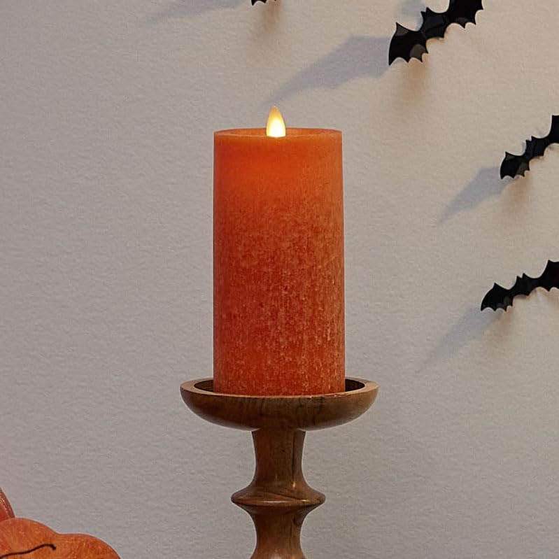 Luminara Sea Glass Flameless Candle, Harvest Pumpkin 3" x 6.5", Moving LED Flame Pillar with Timer, Battery Operated, Real Wax, Unscented Home Décor