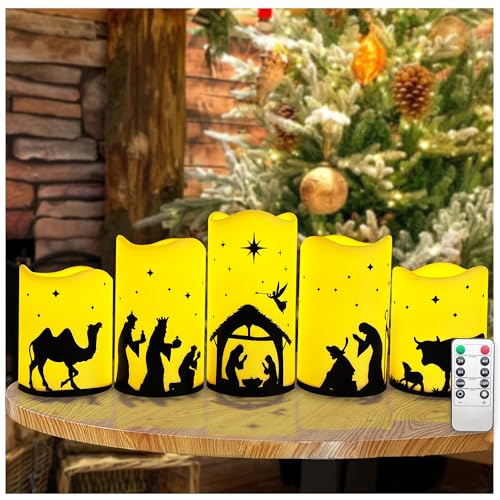 QVAIVE Flameless Christmas Nativity Scene Candles, Pillar Flickering Religion Candle with Timer Remote,Battery Operated LED Fake Candle for Xmas Home