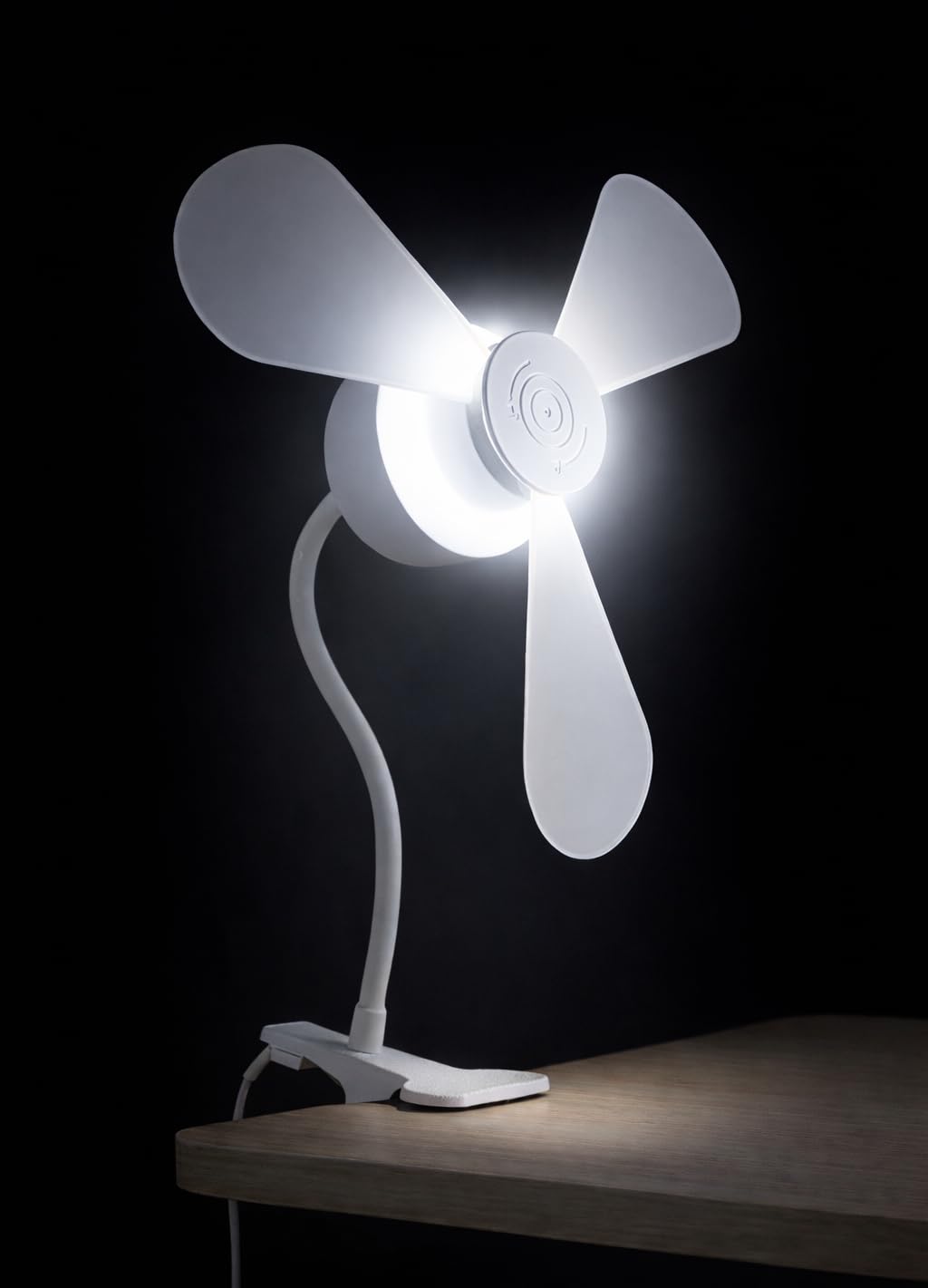 North Point Clip-On Fan with LED Light, Flexible Neck, Desk Clamp, White