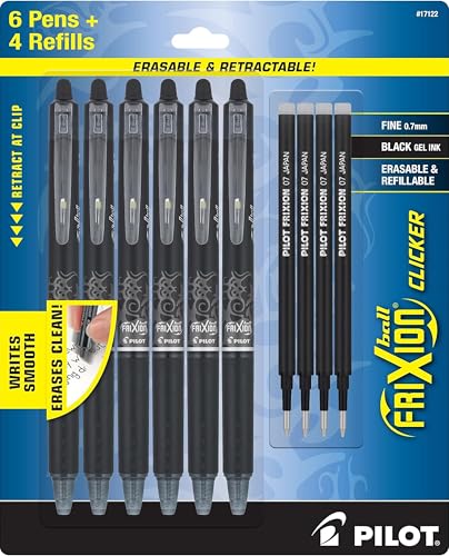 PILOT Frixion Erasable Pens, Fine Point 0.7mm Pack of 6 Black Retractable Ink Pens + 4 Bonus Refills