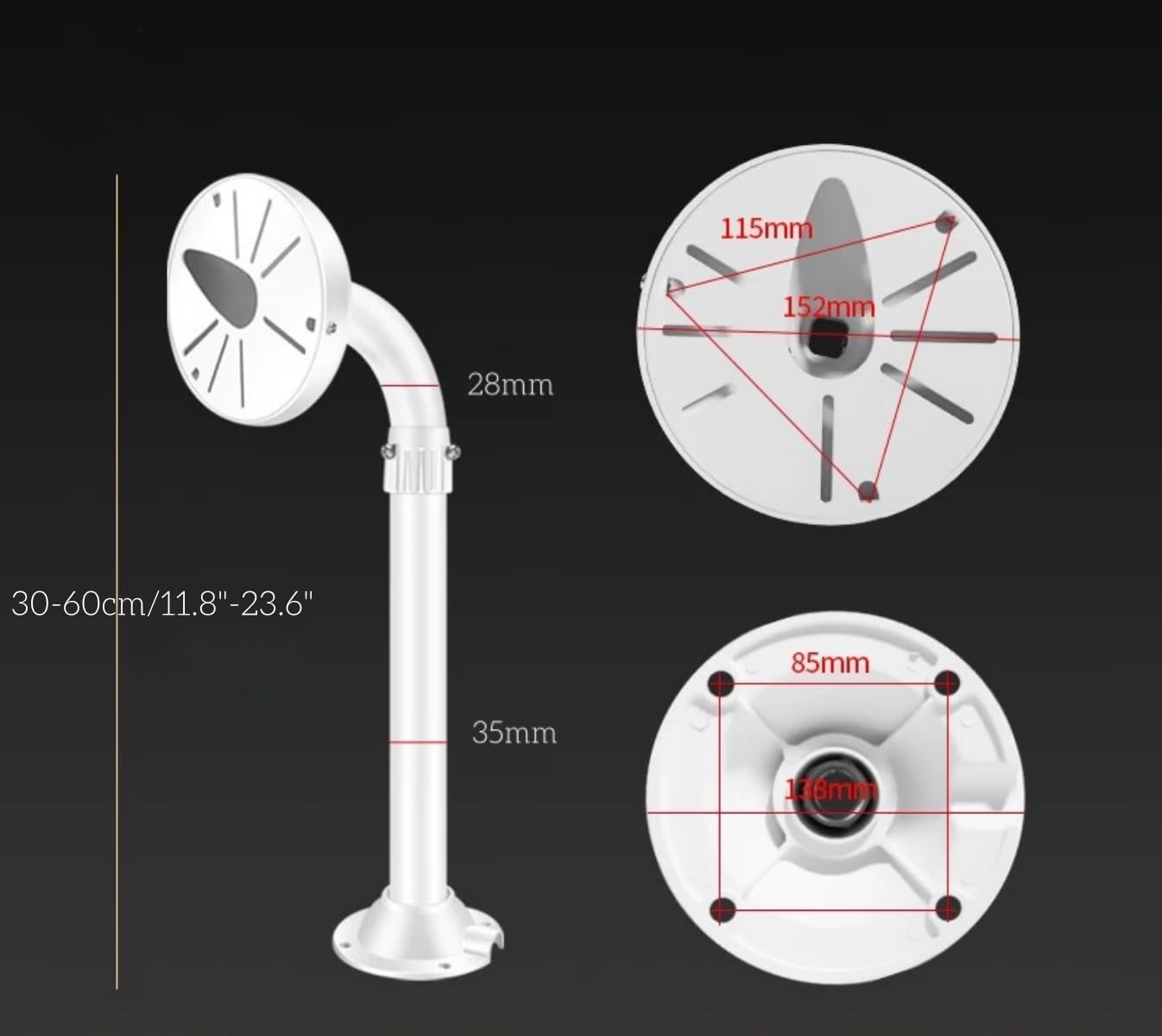J-Shaped Dome Camera Mount, 11.8"-23.6" Telescopic Adjustable Bracket, Heavy-Duty Aluminum Alloy Wall/Ceiling Mount for Indoor/Outdoor CCTV Security