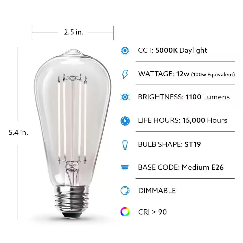 Feit Electric 100-Watt Equivalent ST19 Dimmable Straight Filament Clear Glass E26 Vintage Edison LED Light Bulb, Daylight (4-Pack)