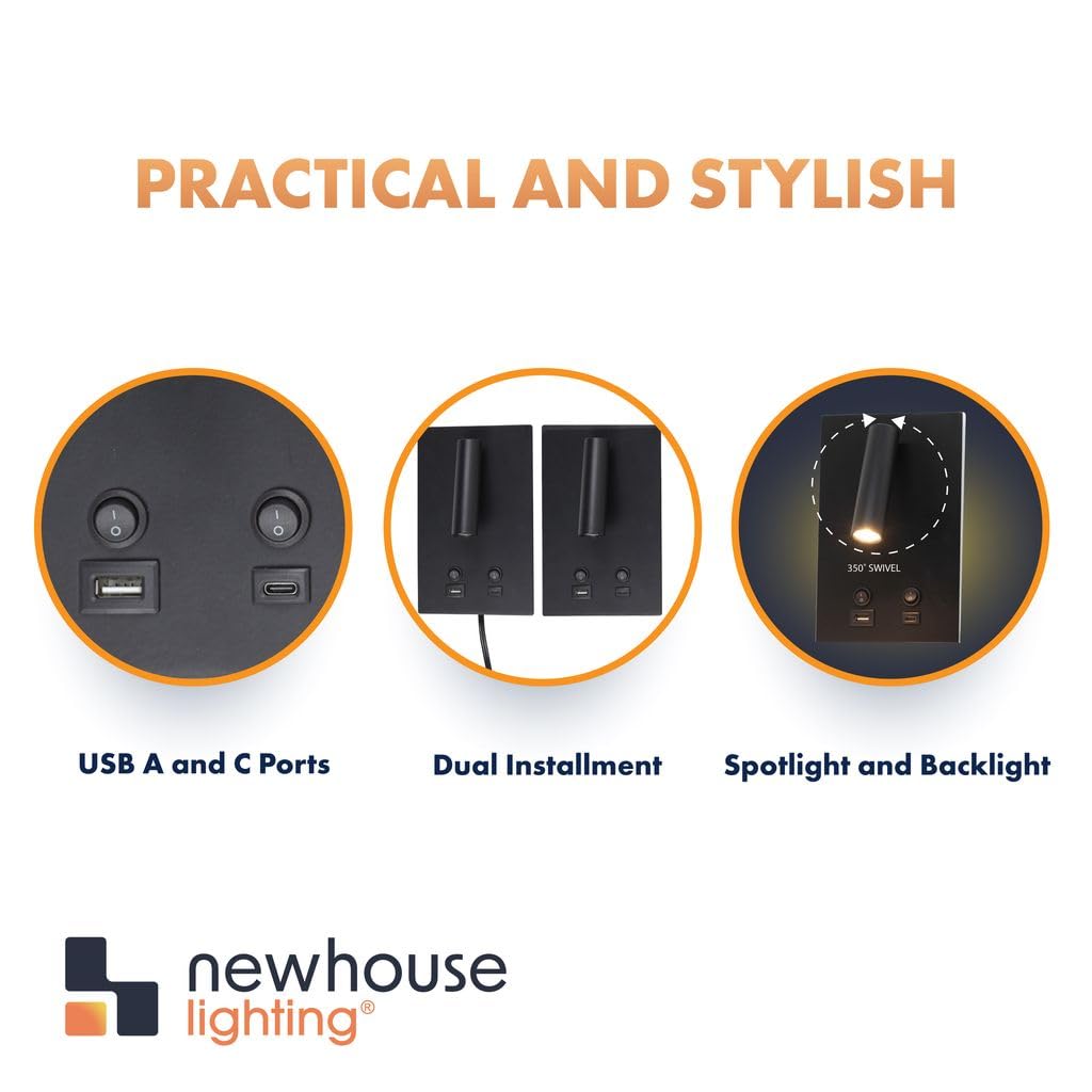Newhouse Lighting 5 in. W x 9 in. L Vera Spotlight Reading Light in Matte Black with USB-A and USB-C Charging Ports NHRL-VE-BLK, Bedside Lamp