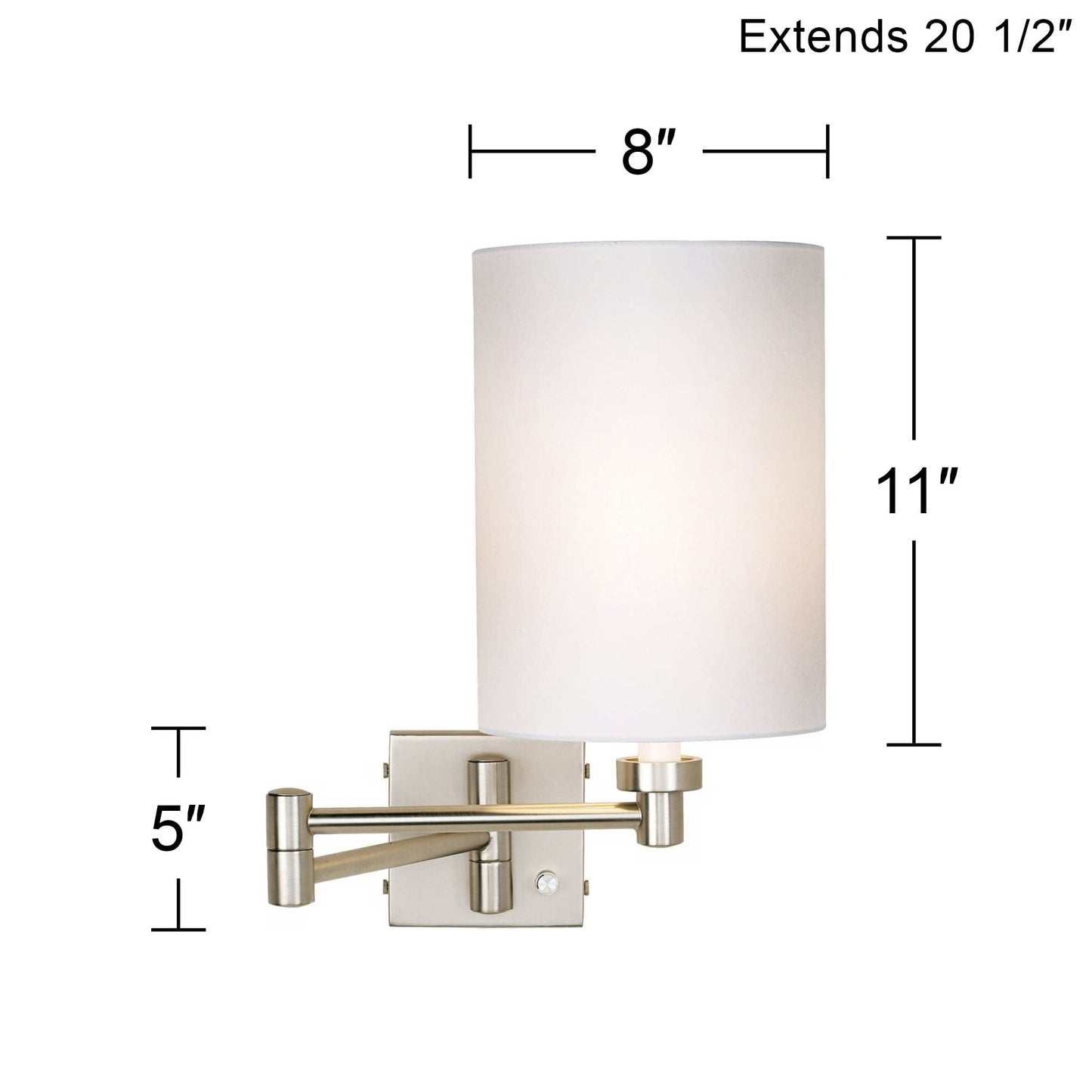 Possini Euro Design Modern Swing Arm Wall Lamp with Cord Cover Brushed Nickel Plug-in Light Fixture White Cotton Cylinder Shade for Bedroom Bedside