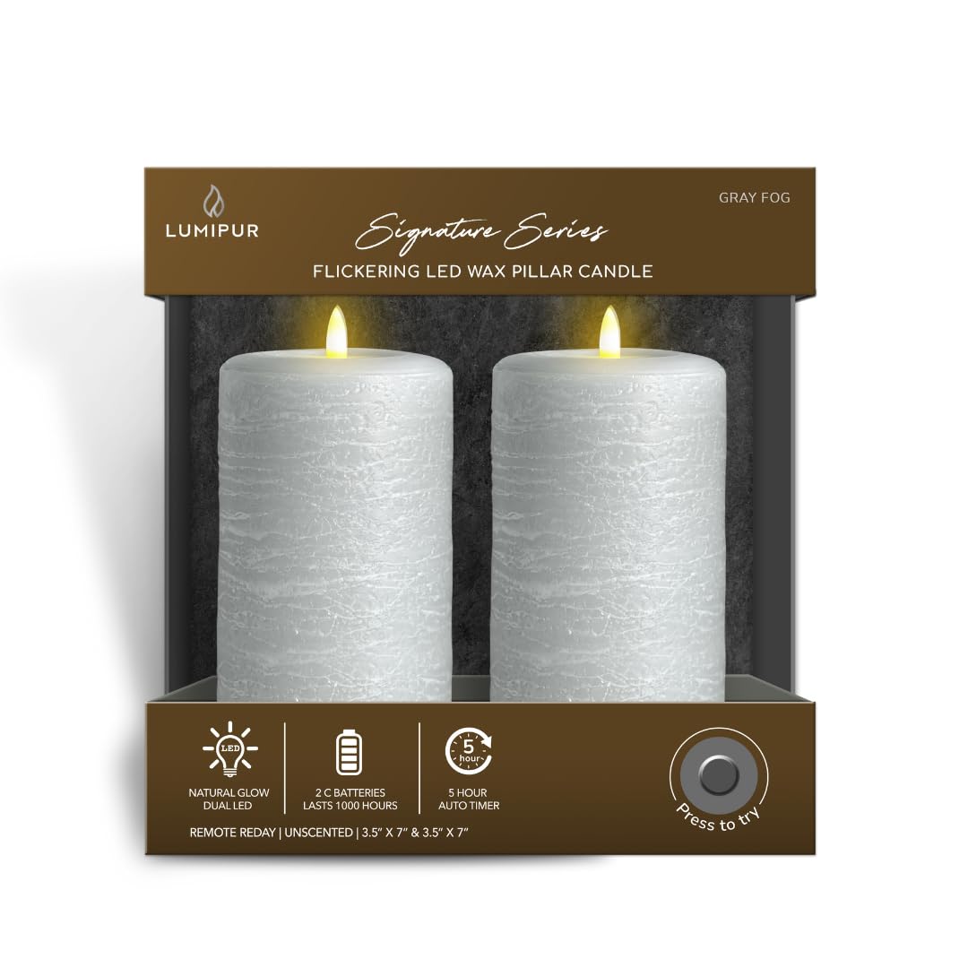 LumiPur Signature Natural Glow Flameless Wax Pillar 2 Pack LED Candles 3.5" x 7" Gray Fog