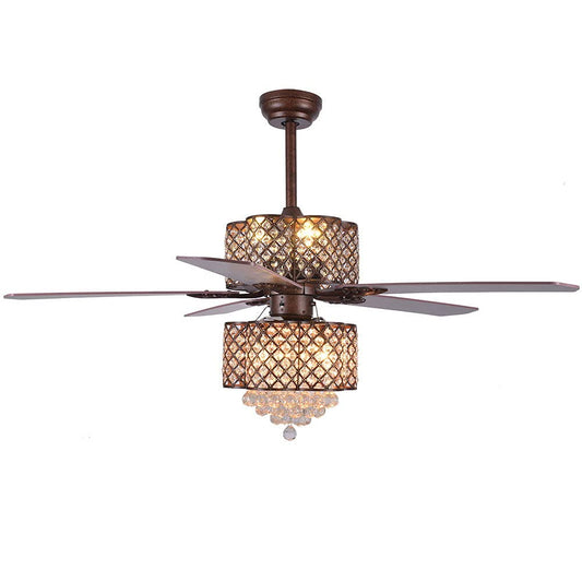 52'' Crystal Ceiling Fan with Lights Classical Ceiling Fans with Chandeliers 5 Wood Reversible Blades 6 E12 3 Speed & Smart Timing Silent Vintage Fan