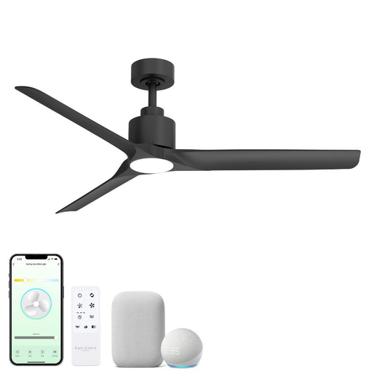 East Grove Home Delta Indoor or Outdoor 52in 3-Blade Smart Ceiling Fan 2700K-6000K CCT Tunable Range LED Light Kit with Black Hardware in Black Blades