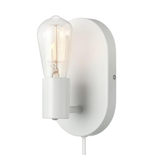 Globe Electric 65000134 1-Light Plug-in or Hardwire Wall Sconce, Matte White, 6ft White Fabric Covered Cord, Inline On/Off Rocker Switch, Bedroom