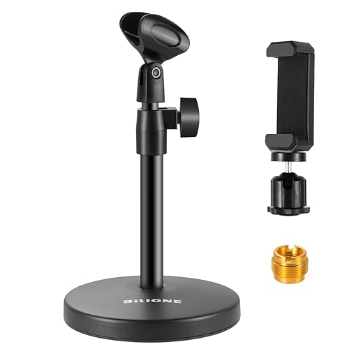 BILIONE 3 in 1 Multi Function Desktop Microphone Stand, Adjustable Table Mic Stand with Microphone Clip, Cell Phone Clip, 5/8" Male to 3/8" Female