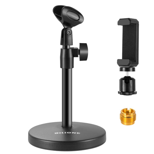 BILIONE 3 in 1 Multi Function Desktop Microphone Stand, Adjustable Table Mic Stand with Microphone Clip, Cell Phone Clip, 5/8" Male to 3/8" Female