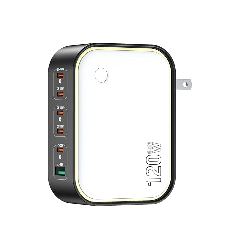 120W GaN USB C Charger, 6-Port Fast Charging Block with Night Light, PD 100W Wall Charger for MacBook Pro/Air, iPhone 17/16/15 Series, iPad, Laptop