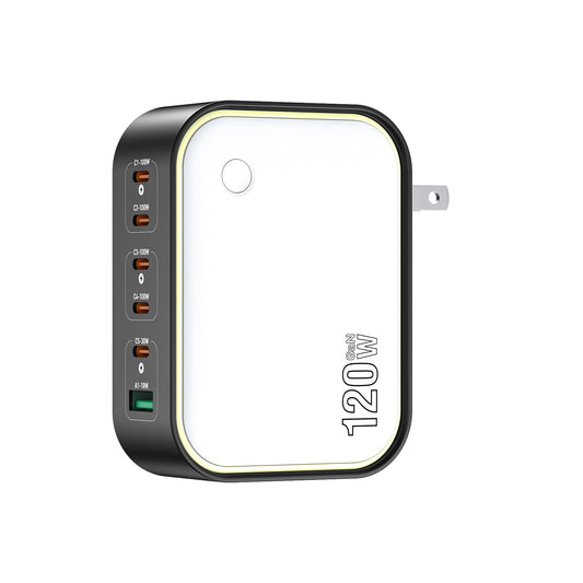 120W GaN USB C Charger, 6-Port Fast Charging Block with Night Light, PD 100W Wall Charger for MacBook Pro/Air, iPhone 17/16/15 Series, iPad, Laptop
