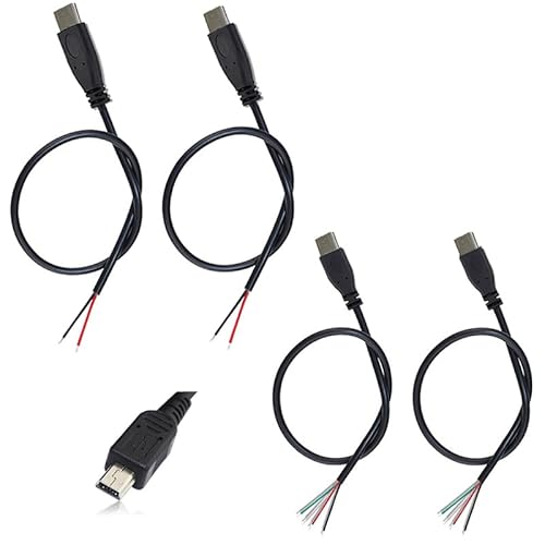 KSOPUERT 4 Pcs Mini 5P USB to Bare Wire Open End Cable 3.3FT 5V 2.1A 22AWG 2 Cores & 4 Cores Power Pigtail Repair Tin on The Tail Cable Cord DIY Black