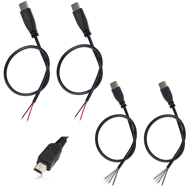 KSOPUERT 4 Pcs Mini 5P USB to Bare Wire Open End Cable 3.3FT 5V 2.1A 22AWG 2 Cores & 4 Cores Power Pigtail Repair Tin on The Tail Cable Cord DIY Black