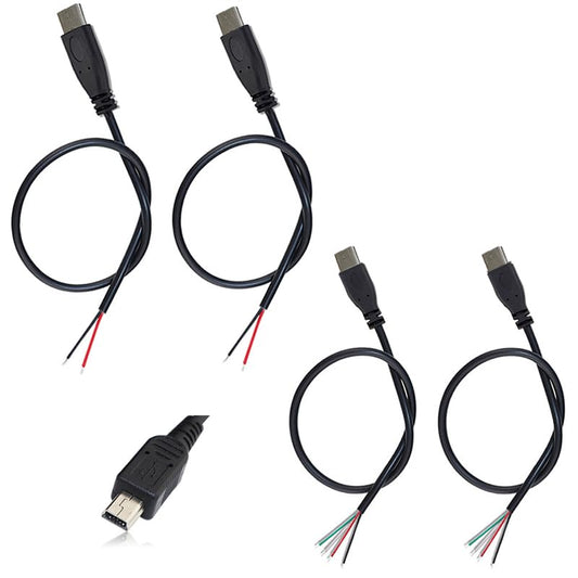 KSOPUERT 4 Pcs Mini 5P USB to Bare Wire Open End Cable 3.3FT 5V 2.1A 22AWG 2 Cores & 4 Cores Power Pigtail Repair Tin on The Tail Cable Cord DIY Black