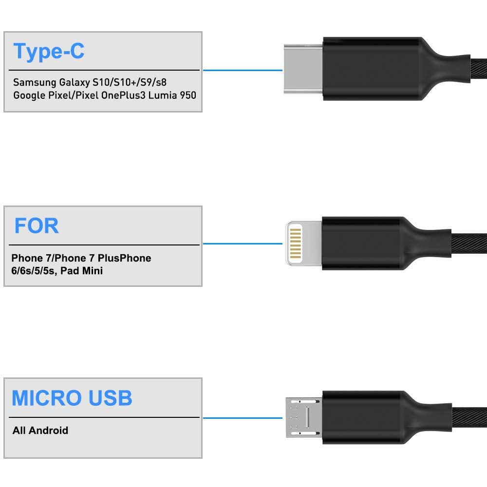 Multi 3 in 1 USB Long iPhone Charging Cable, 3M/10Ft Nylon Braided Universal Phone Charger Cord USB C/Micro USB/Lightning Connector Adapter…