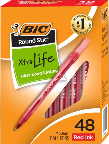 BIC Round Stic Xtra Life Pens, Medium Point 1.0mm, Red Ink, 48 Pack